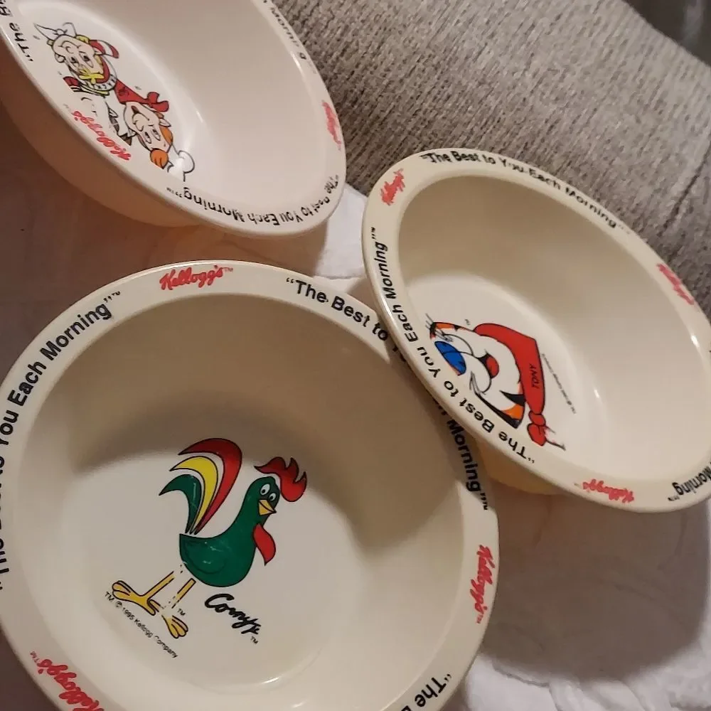 Vintage 1995 Kellogg's Cereal Bowls, Retro Plastic Bowls Corn Flakes Rice Krispy